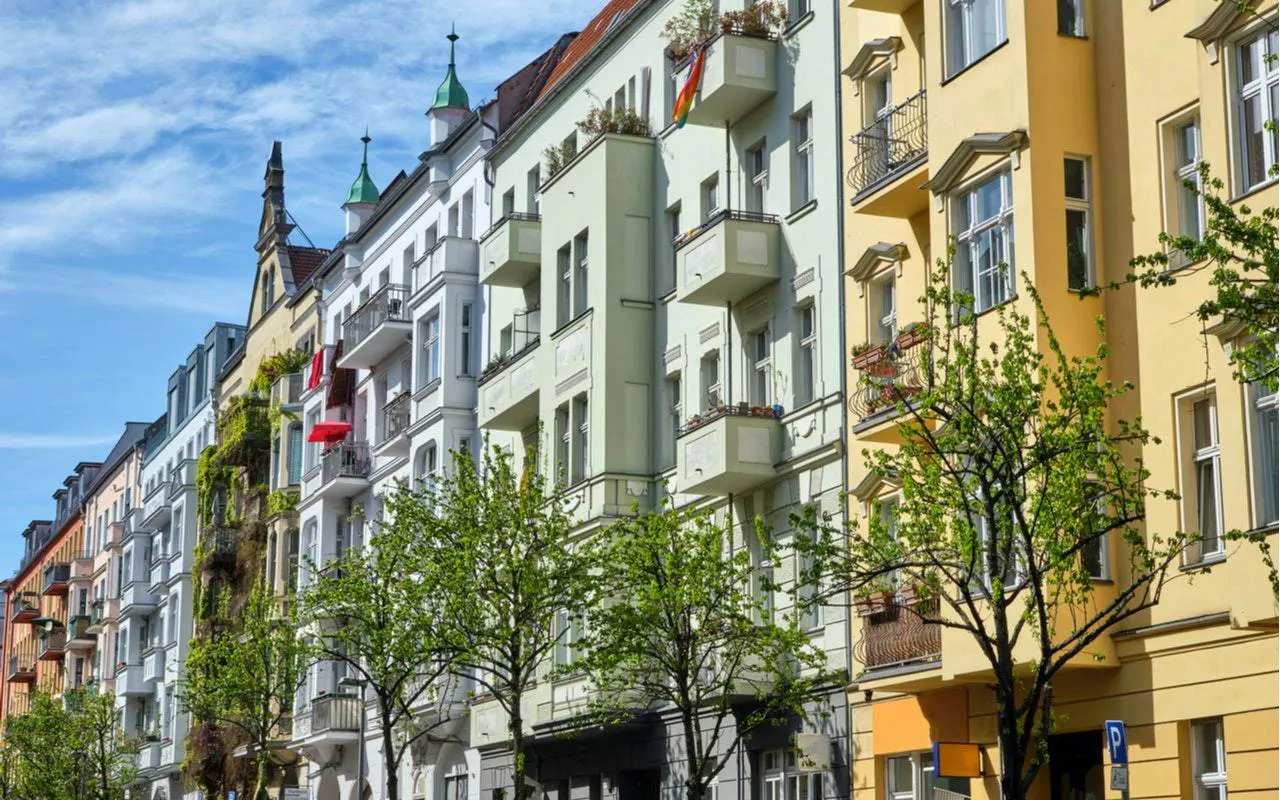 Colorful historic buildings in Berlin's Jewish District, part of a self-guided city exploration game.