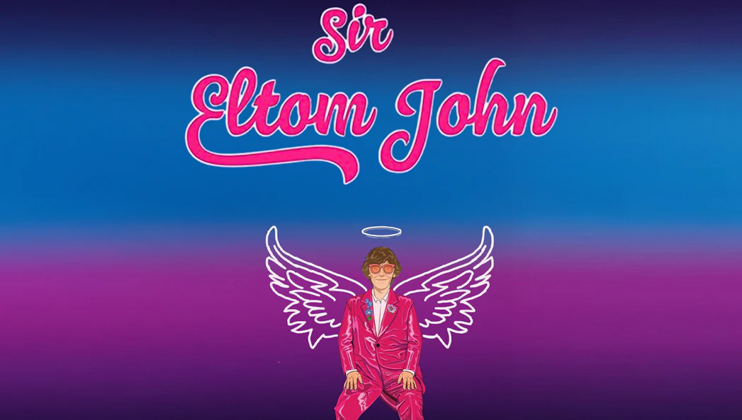 Illustration of a performer in pink suit with wings, promoting Tom's Elton Tribute show.