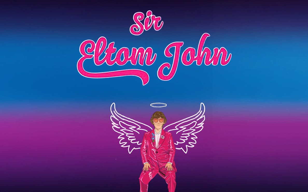 Illustration of a performer in pink suit with wings, promoting Tom's Elton Tribute show.