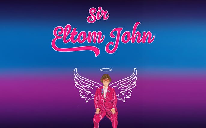 Illustration of a performer in pink suit with wings, promoting Tom's Elton Tribute show.