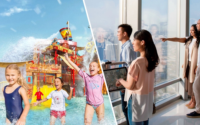 Children playing at Aquaventure Waterpark and visitors enjoying views from Burj Khalifa Levels 124 and 125.