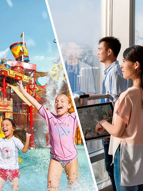 Children playing at Aquaventure Waterpark and visitors enjoying views from Burj Khalifa Levels 124 and 125.