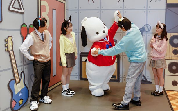 Sanrio Puroland entrance with Hello Kitty and friends statues, Tokyo, Japan.