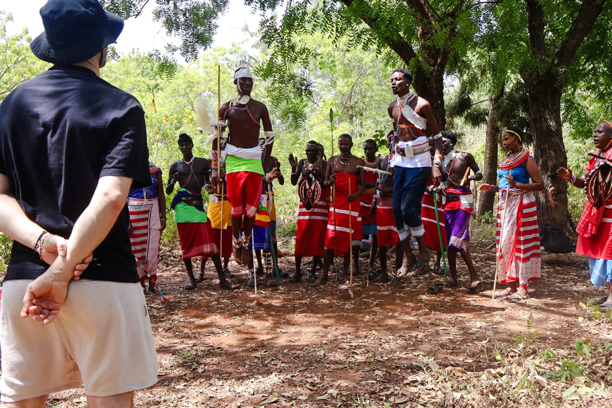 Maasai dancers performing traditional jump dance in Diani Beach, Kenya.