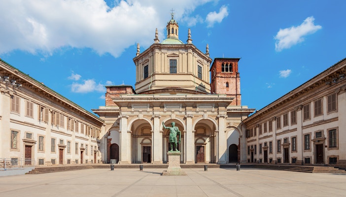San Lorenzo Maggiore Basilica in Milan with ancient Roman columns in foreground