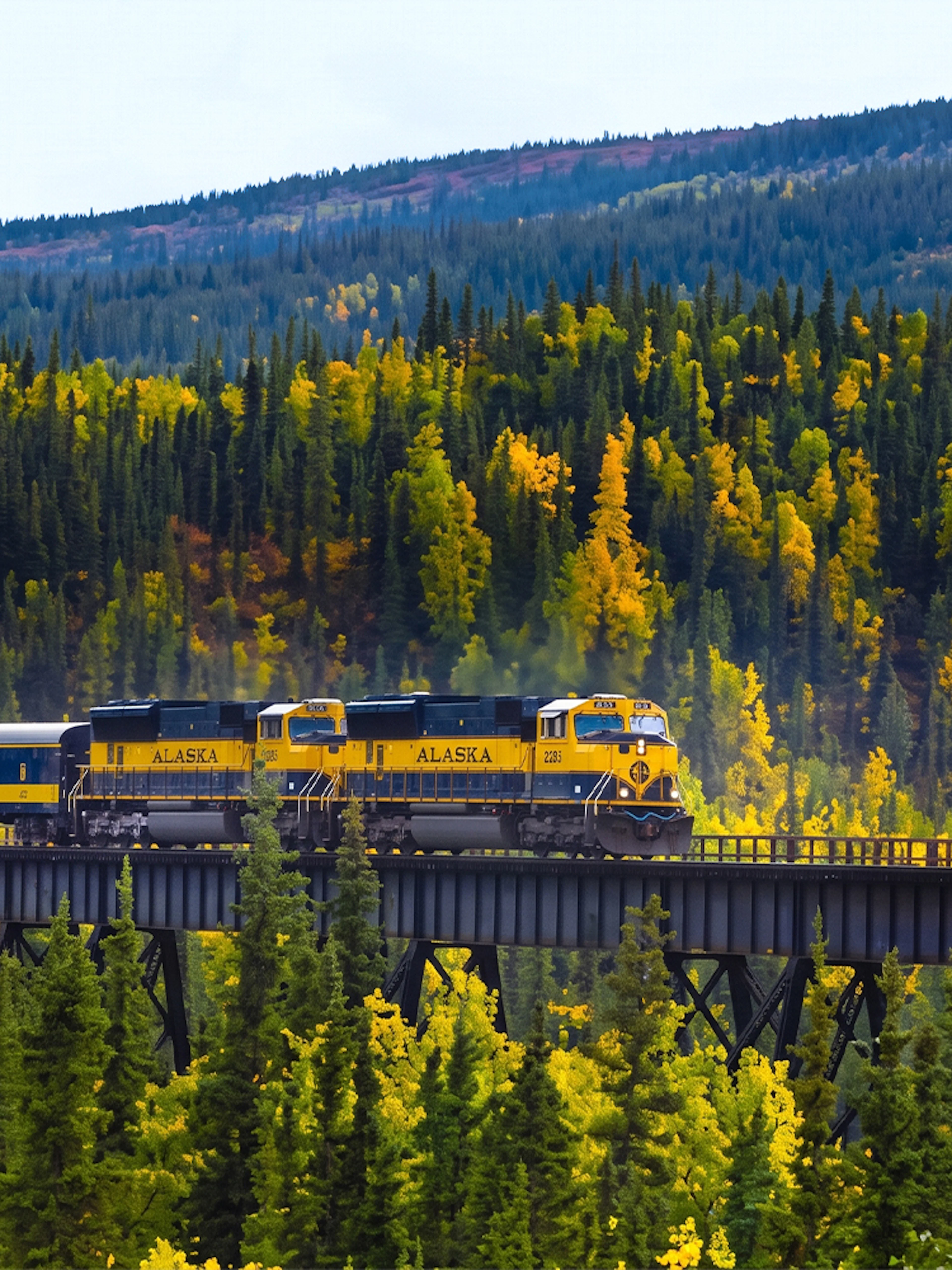 Alaska Railroad train crossing a bridge through autumn forest scenery.