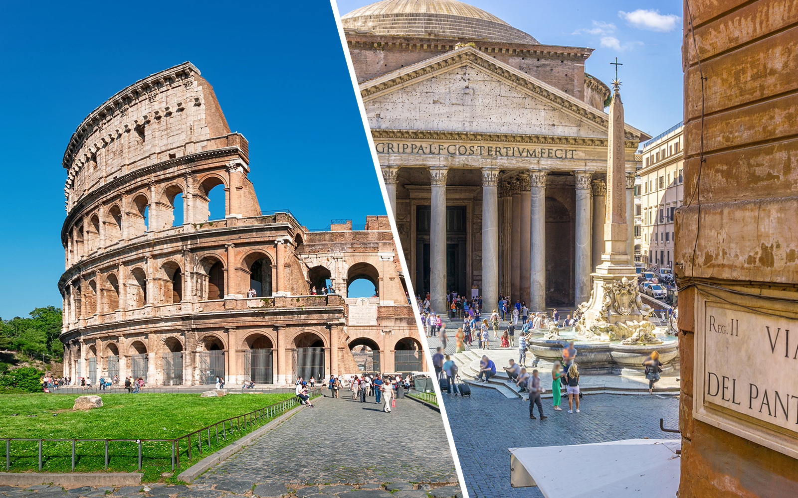Colosseum and Pantheon in Rome, Italy, with tourists exploring the historic sites.