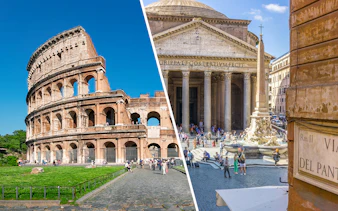 Colosseum and Pantheon in Rome, Italy, with tourists exploring the historic sites.