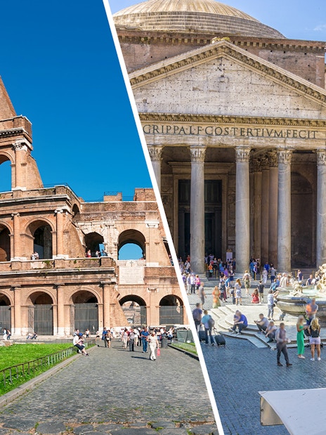 Colosseum and Pantheon in Rome, Italy, with tourists exploring the historic sites.