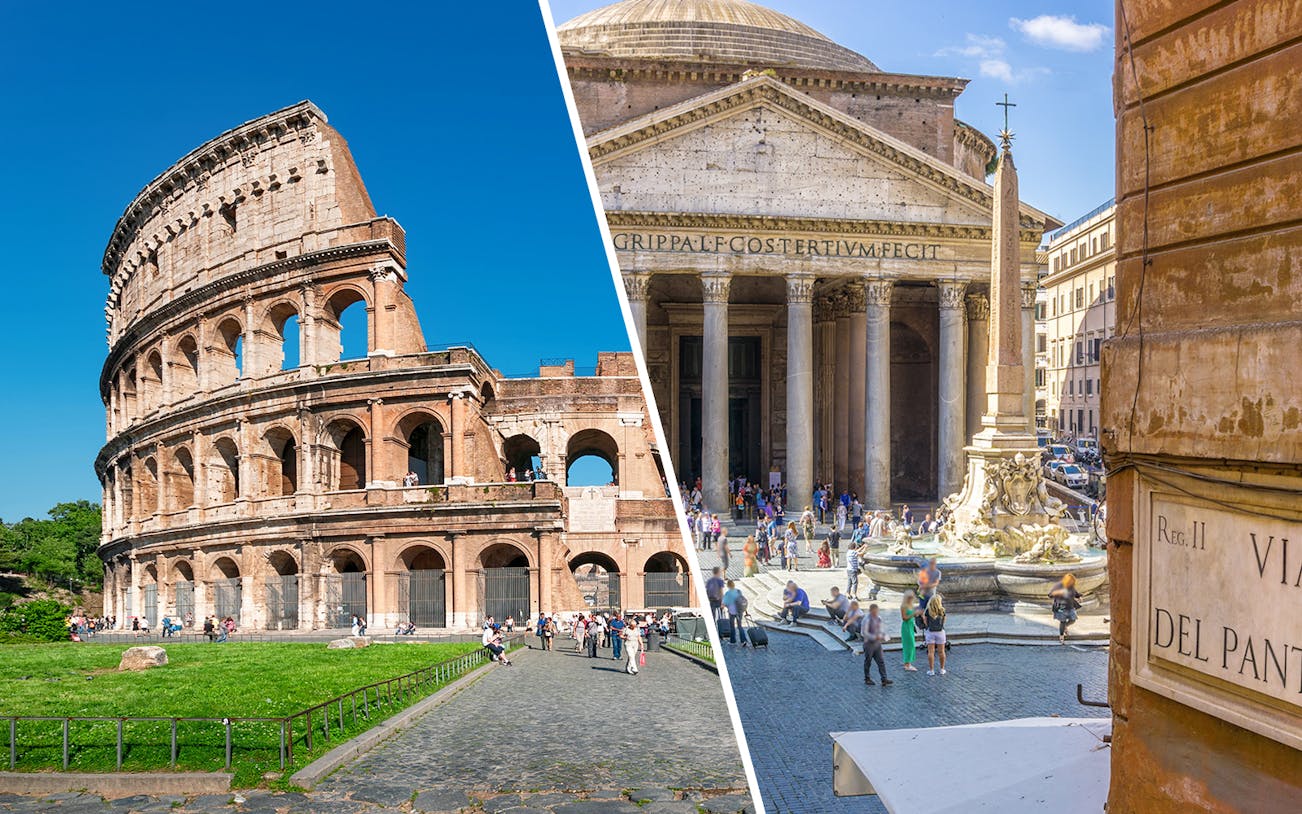 Colosseum and Pantheon in Rome, Italy, with tourists exploring the historic sites.