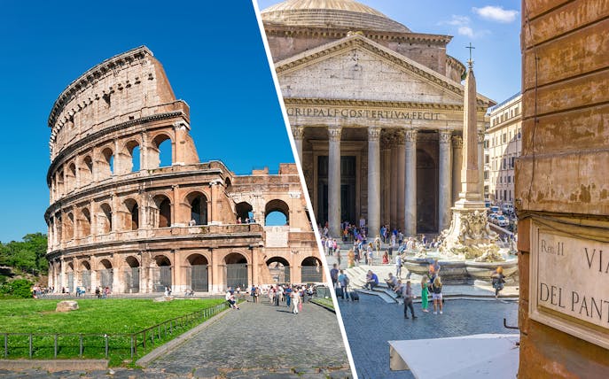 Colosseum and Pantheon in Rome, Italy, with tourists exploring the historic sites.