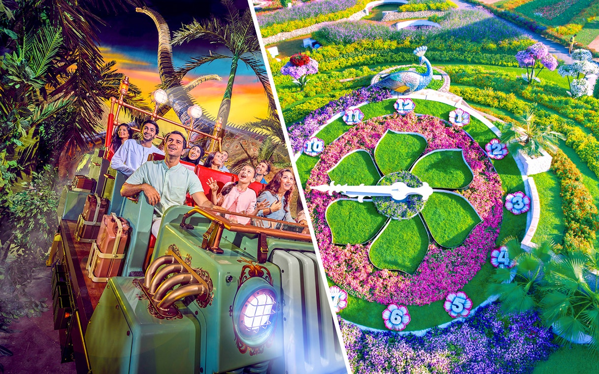 Visitors on a dinosaur-themed ride at IMG Worlds of Adventure and floral clock at Dubai Miracle Garden.