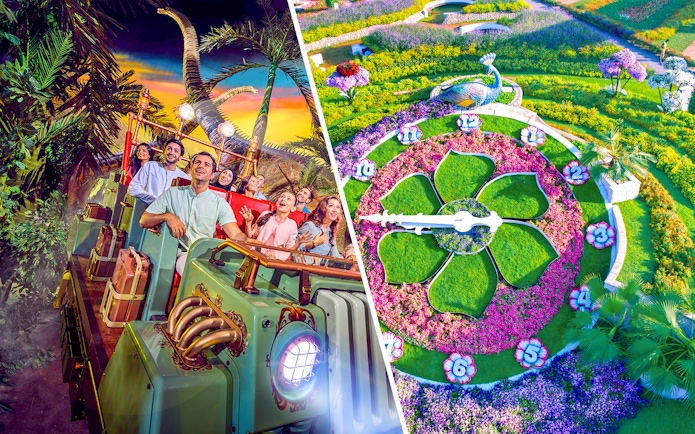 Visitors on a dinosaur-themed ride at IMG Worlds of Adventure and floral clock at Dubai Miracle Garden.