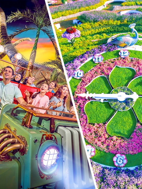 Visitors on a dinosaur-themed ride at IMG Worlds of Adventure and floral clock at Dubai Miracle Garden.