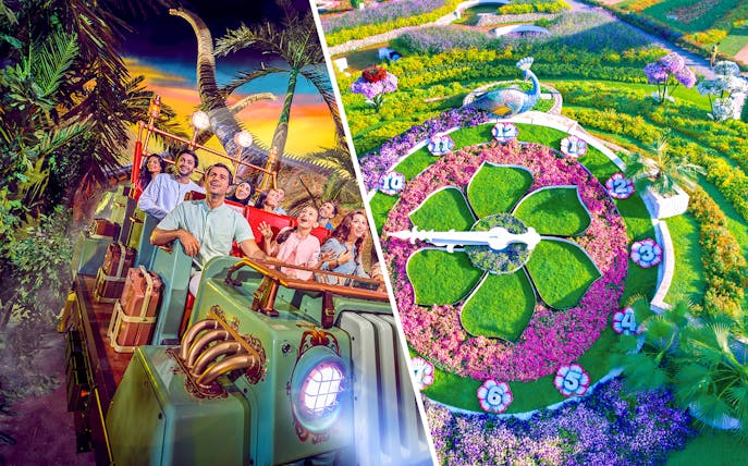 Visitors on a dinosaur-themed ride at IMG Worlds of Adventure and floral clock at Dubai Miracle Garden.