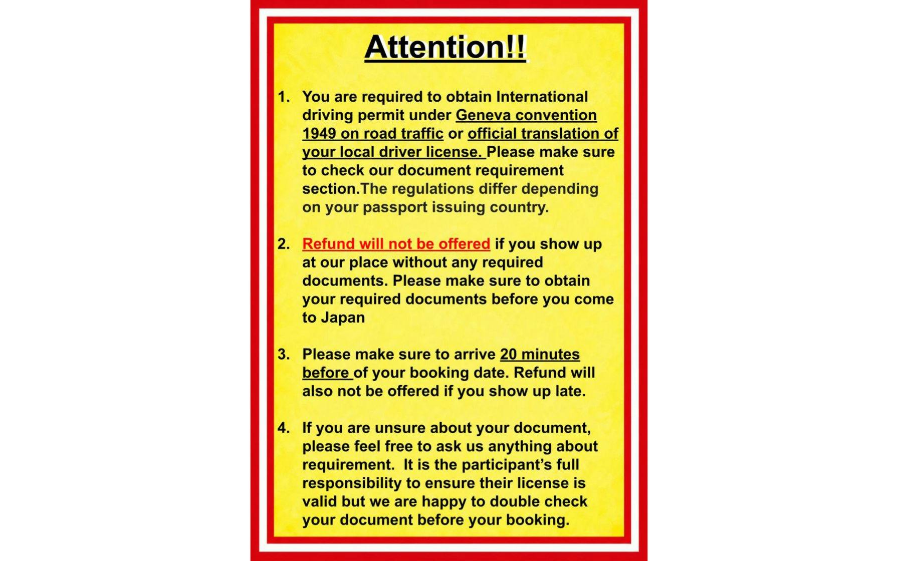 International driving permit required for 60-min go-karting in Japan; no refund without documents.