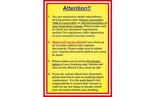 International driving permit required for 60-min go-karting in Japan; no refund without documents.