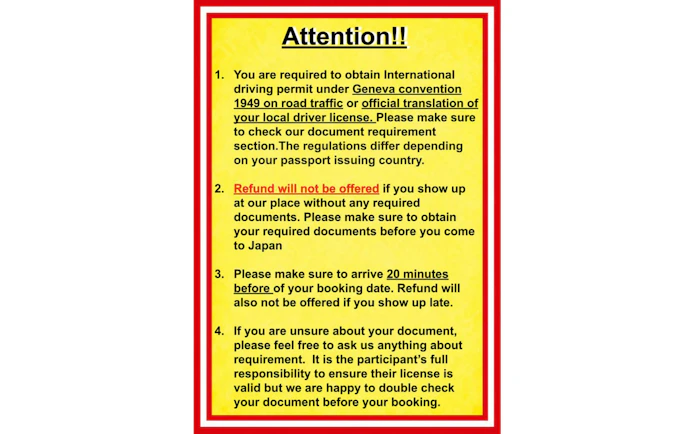 International driving permit required for 60-min go-karting in Japan; no refund without documents.