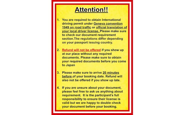 International driving permit required for 60-min go-karting in Japan; no refund without documents.