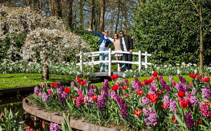 Visitors on a bridge with tulips and hyacinths at Keukenhof Gardens, Amsterdam.