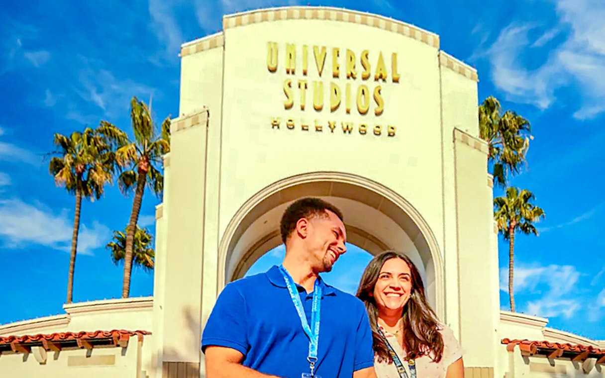 Visitors at Universal Studios Hollywood entrance, Los Angeles.