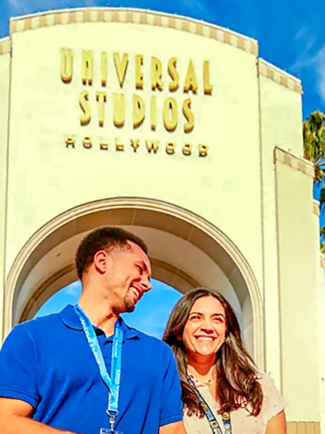 Visitors at Universal Studios Hollywood entrance, Los Angeles.