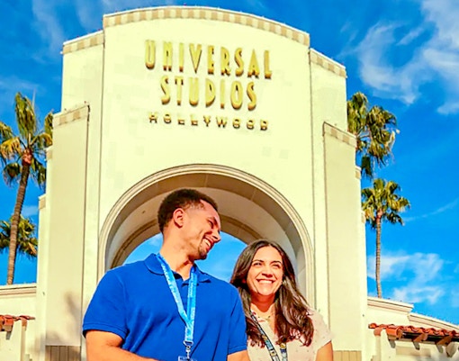 Visitors at Universal Studios Hollywood entrance, Los Angeles.