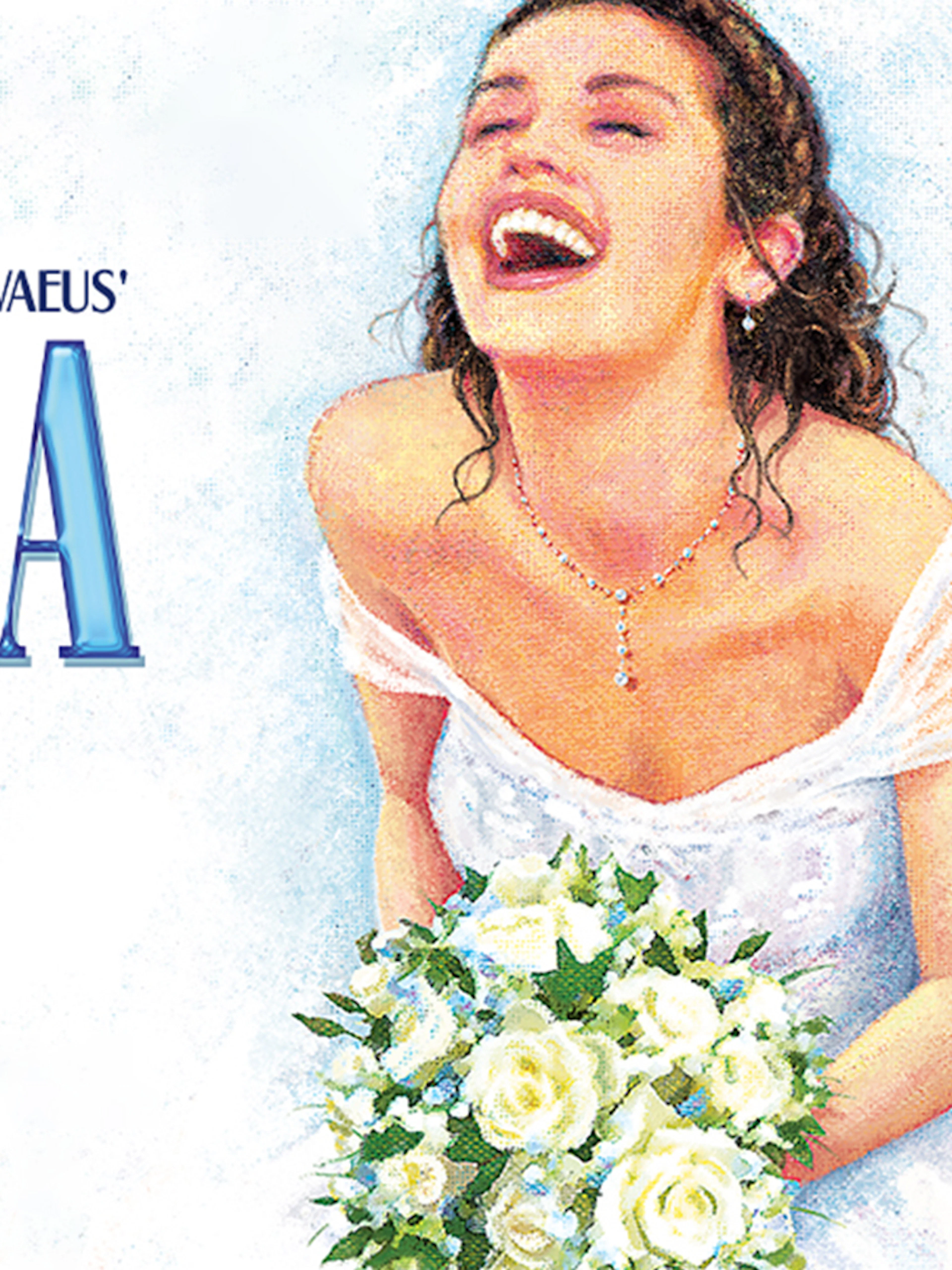Mamma Mia! musical poster with a joyful bride holding a bouquet.