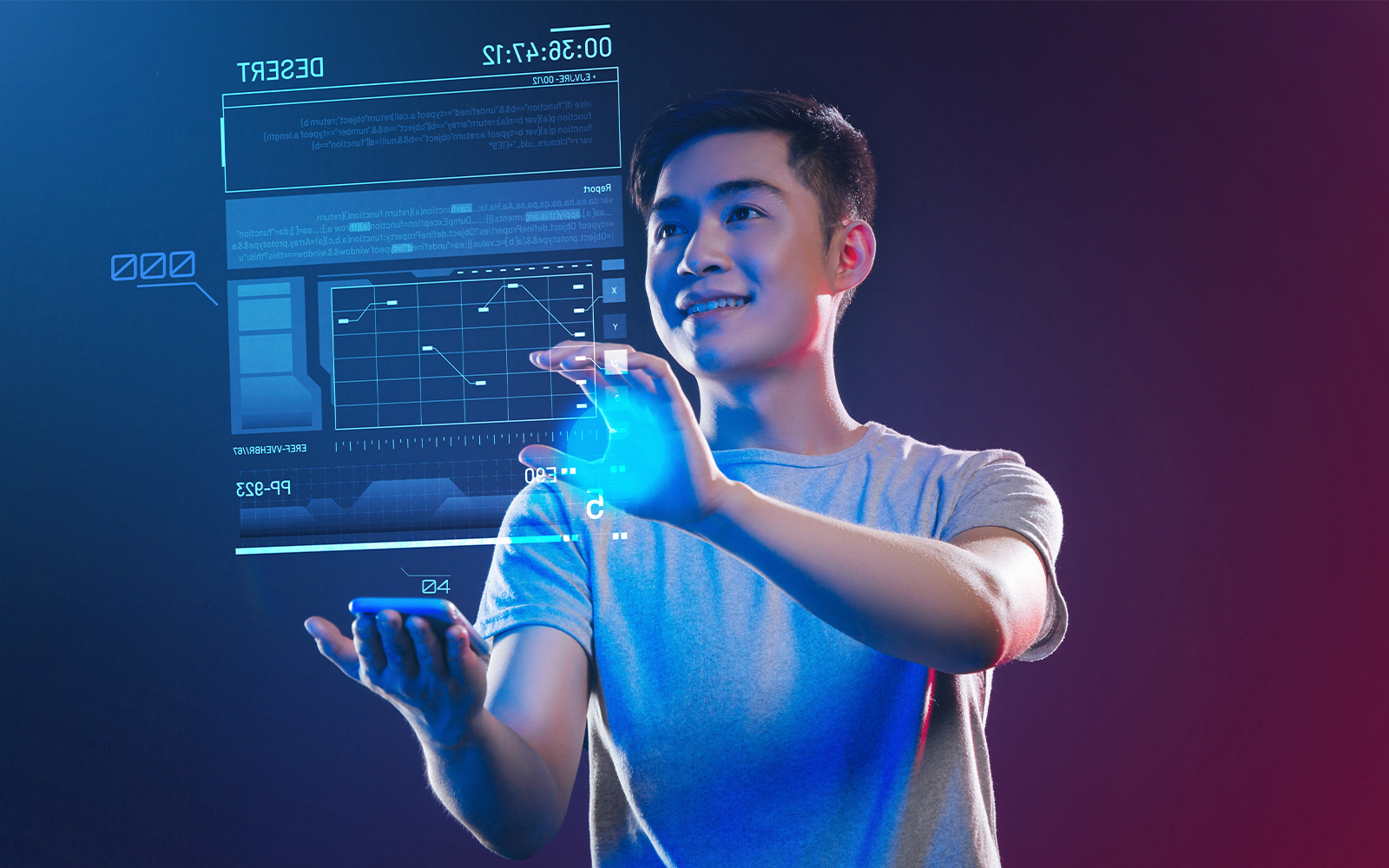 Person interacting with hologram