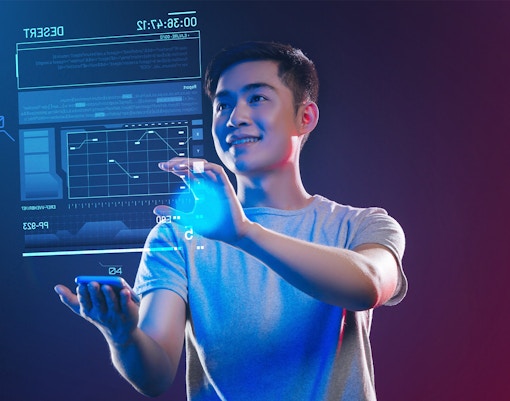 Person interacting with hologram