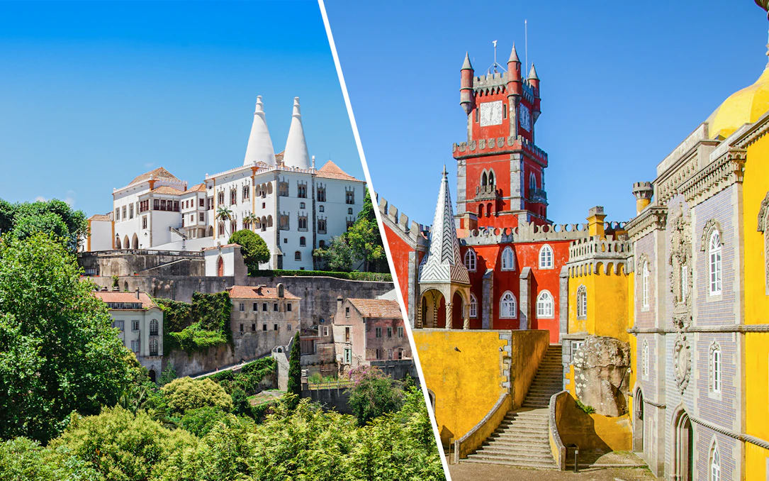 Sintra National Palace and Pena Palace in Sintra, Portugal, showcasing unique architecture.