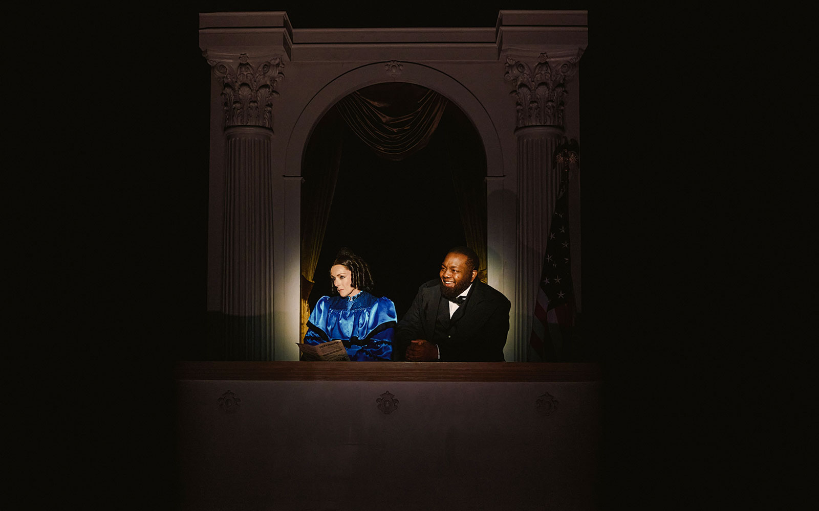 Stage scene from Oh, Mary! Broadway show with two actors in period costumes.
