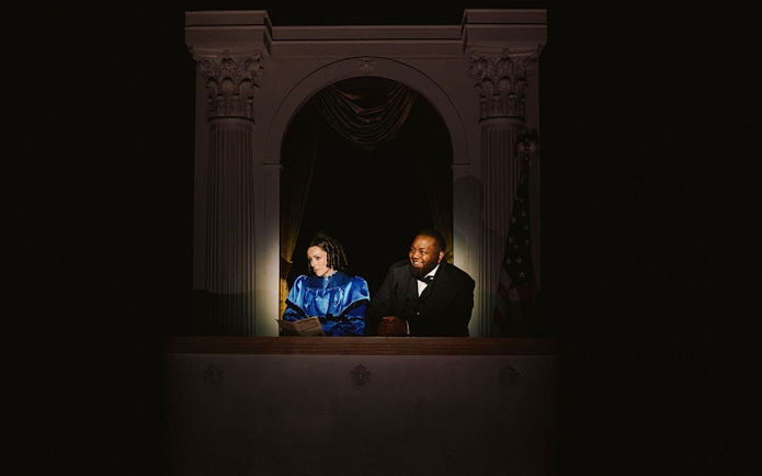 Stage scene from Oh, Mary! Broadway show with two actors in period costumes.
