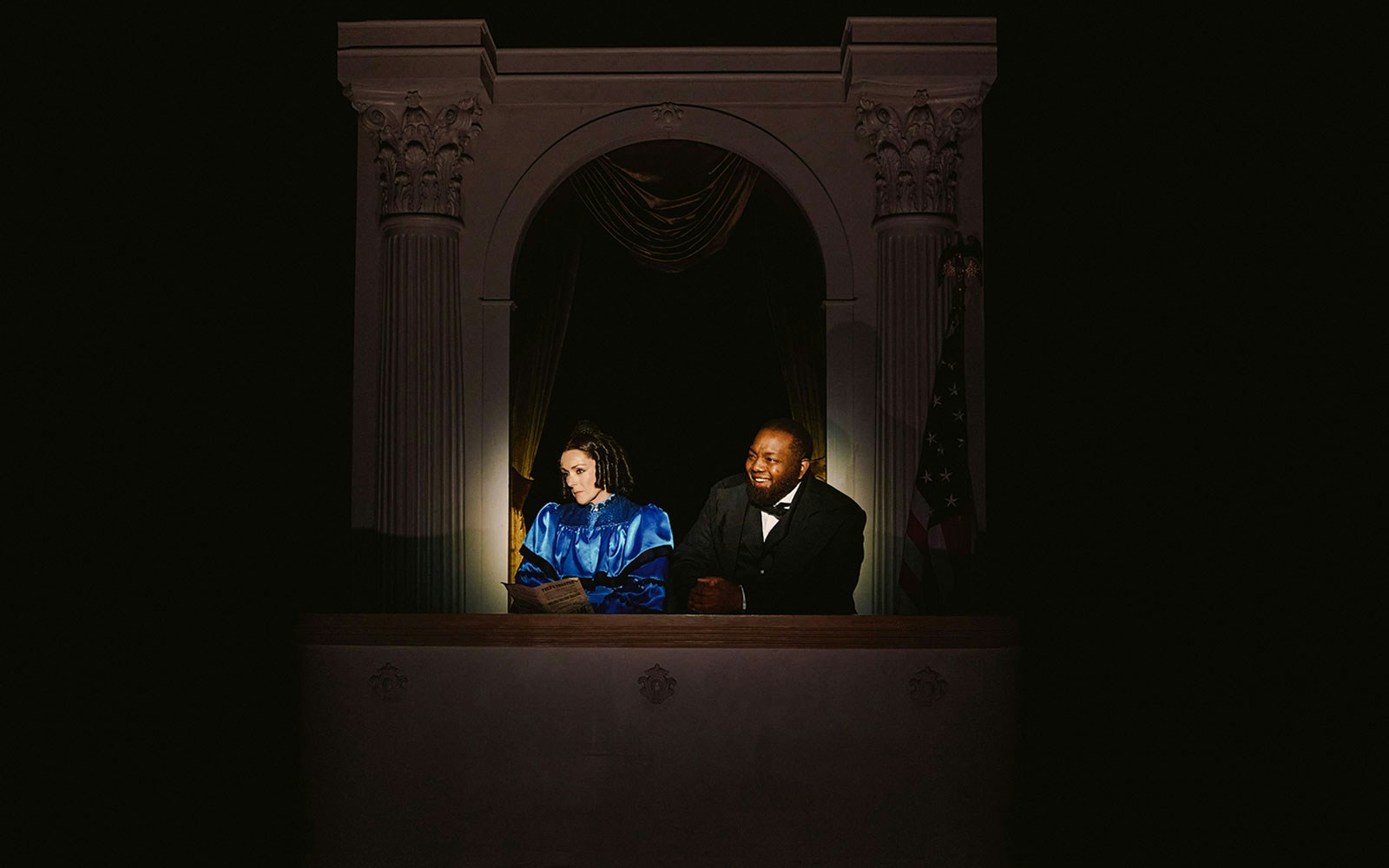 Stage scene from Oh, Mary! Broadway show with two actors in period costumes.