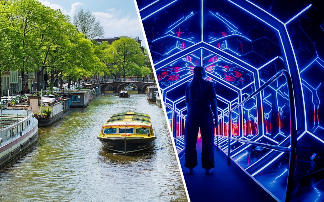 Canal boat in Amsterdam and guest exploring Amaze Amsterdam's neon-lit tunnel.