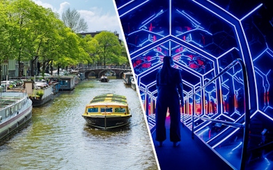 Canal boat in Amsterdam and guest exploring Amaze Amsterdam's neon-lit tunnel.
