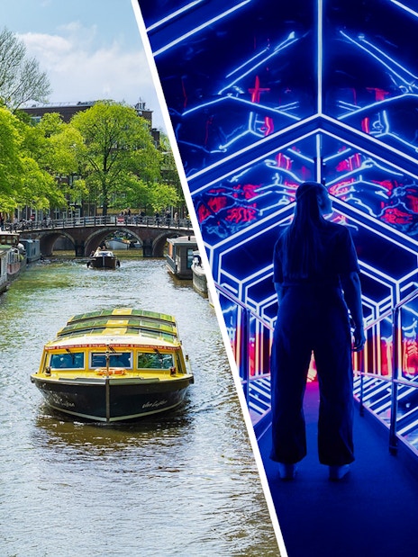 Canal boat in Amsterdam and guest exploring Amaze Amsterdam's neon-lit tunnel.