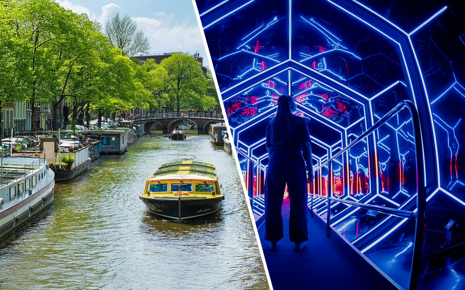 Canal boat in Amsterdam and guest exploring Amaze Amsterdam's neon-lit tunnel.