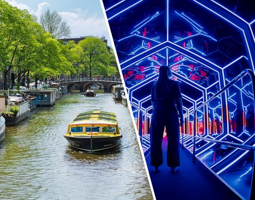 Canal boat in Amsterdam and guest exploring Amaze Amsterdam's neon-lit tunnel.