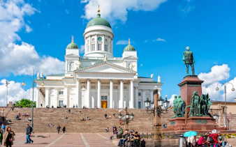 Helsinki Cathedral and Alexander II statue on Senate Square, Finland.