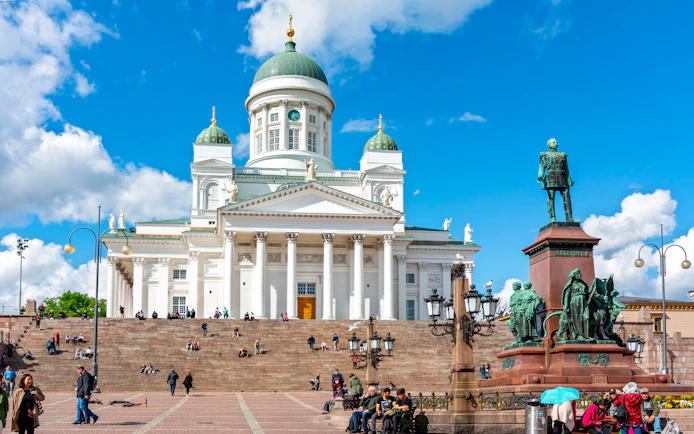 Helsinki Cathedral and Alexander II statue on Senate Square, Finland.