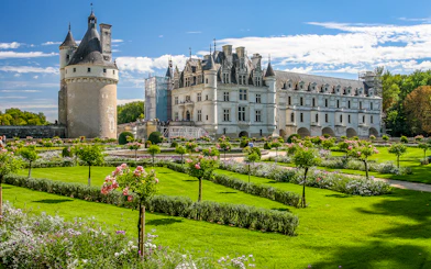 Chenonceau Castle with gardens in Loire Valley, featuring manicured lawns and blooming flowers.