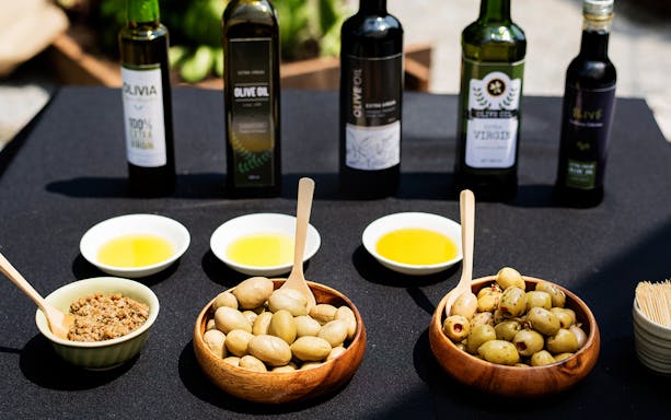 Olive oil tasting setup with olives and spreads on the Athens Original Vegan Tour.