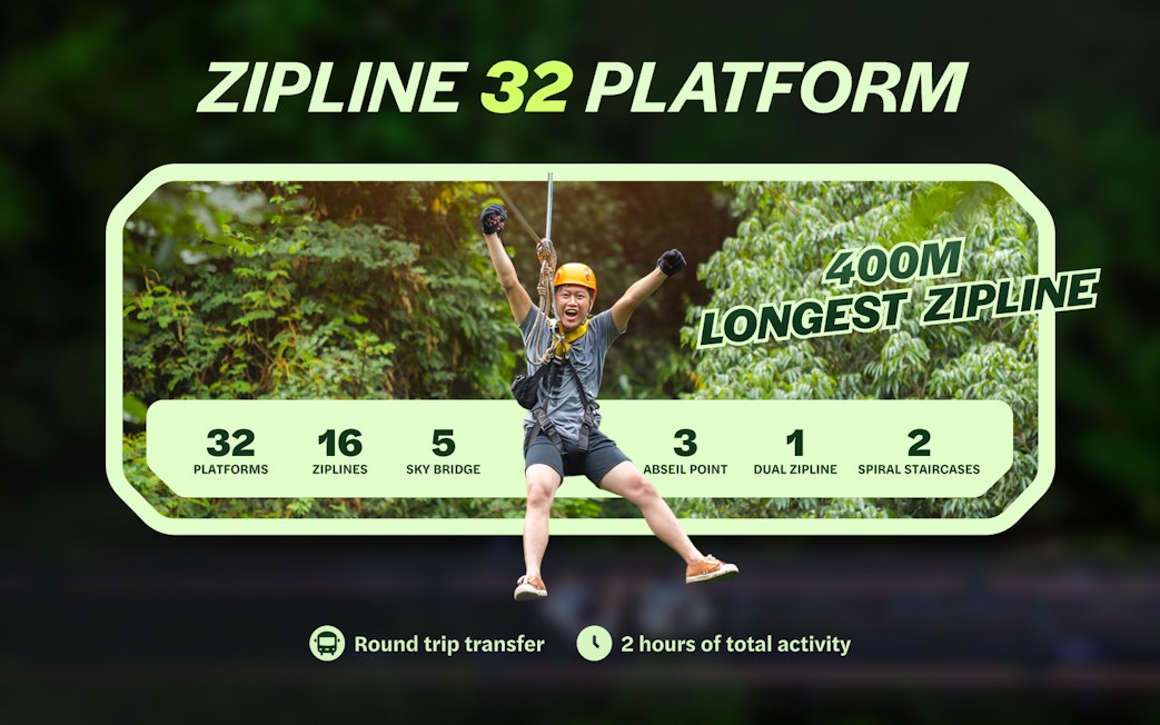 Ziplining adventure at Hanuman World, Phuket with 32 platforms and 400m longest zipline.