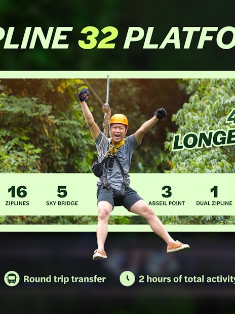 Ziplining adventure at Hanuman World, Phuket with 32 platforms and 400m longest zipline.