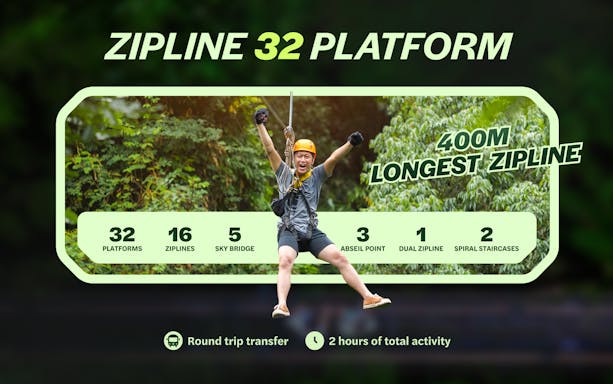 Ziplining adventure at Hanuman World, Phuket with 32 platforms and 400m longest zipline.