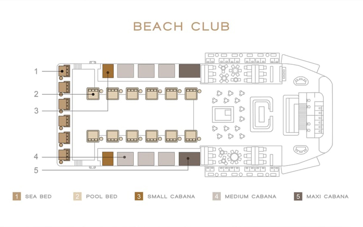 Floor plan of Yona Beach Club in Phuket showing sea beds, pool beds, and cabanas.