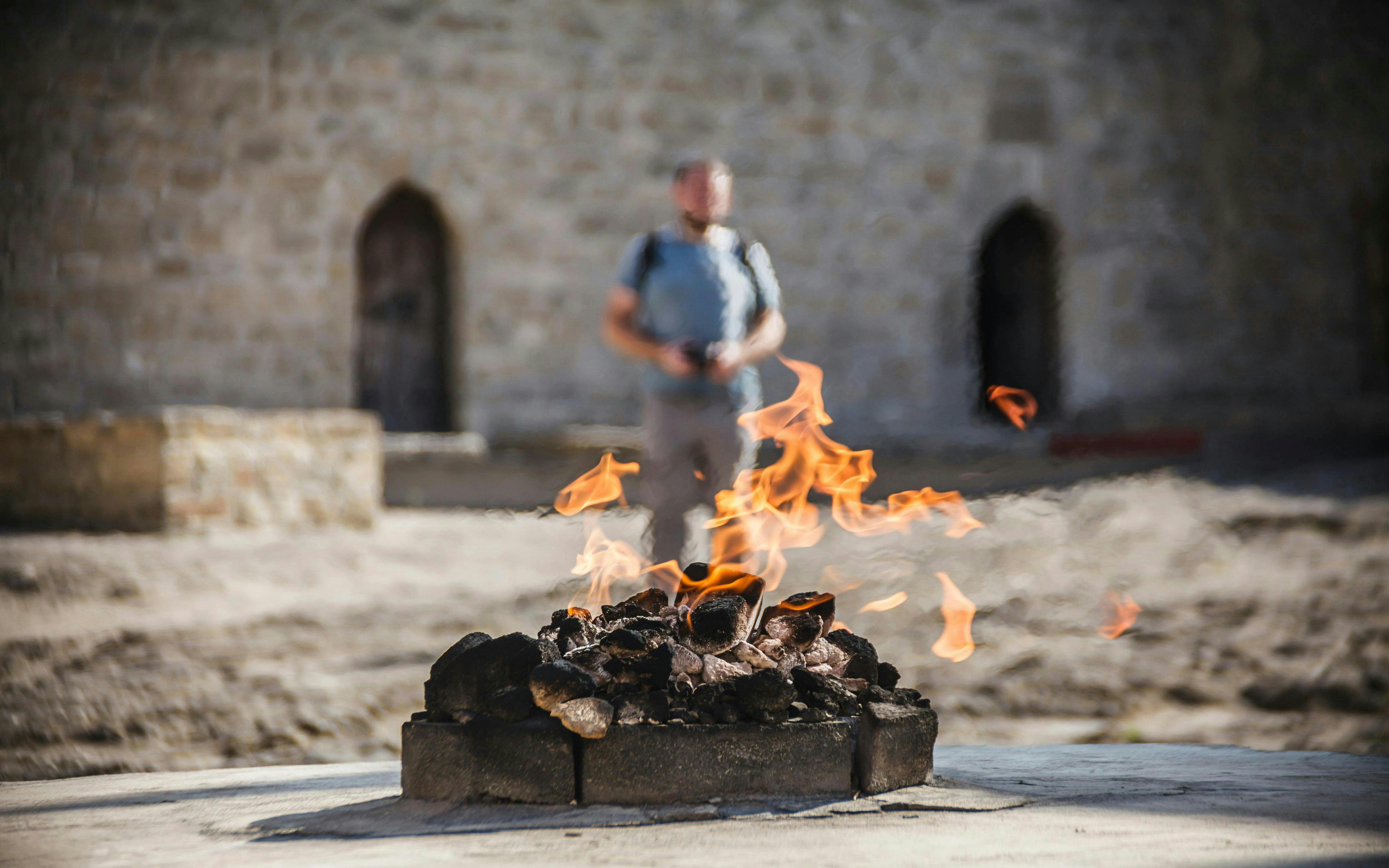 Flames at the Baku Ateshgah Fire Temple in Surakhani, Azerbaijan.