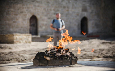 Flames at the Baku Ateshgah Fire Temple in Surakhani, Azerbaijan.