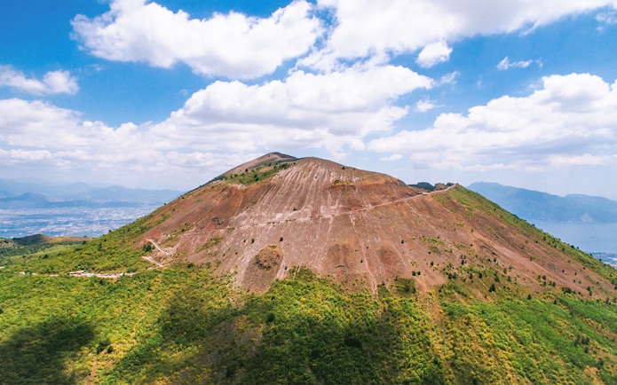 Mount Vesuvius crater view with surrounding landscape, Italy.